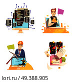 Cryptocurrency 2x2 design concept with people involved in bitcoin mining business  and blockchain technology flat vector illustration . Cryptocurrency 2x2 Design Concept. Стоковая иллюстрация, агентство Ingram Publishing / Фотобанк Лори