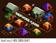 Stateless refugees asylum icons isometric composition with view of reception camp with tents and human characters vector illustration. Reception Camp Isometric Background. Стоковая иллюстрация, агентство Ingram Publishing / Фотобанк Лори