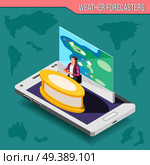 Meteorologist presenter with weather map on mobile device screen isometric composition on turquoise background vector illustration. Meteorologist Isometric Composition. Стоковая иллюстрация, агентство Ingram Publishing / Фотобанк Лори