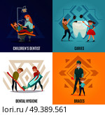 Four squares pediatric dentistry concept set with children s dentist caries dental hygiene and braces descriptions vector illustration. Pediatric Dentistry Concept Set. Стоковая иллюстрация, агентство Ingram Publishing / Фотобанк Лори