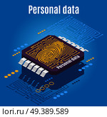 Backup personality isometric background with conceptual image of microprocessor engraved with dactylogram of human finger print vector illustration. Microchip Biometrics Isometric Background. Стоковая иллюстрация, агентство Ingram Publishing / Фотобанк Лори