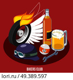 Attributes of bikers isometric composition with wheel, helmet, wrench, drink, billiard ball on red background vector illustration  . Bikers Attributes Isometric Composition. Стоковая иллюстрация, агентство Ingram Publishing / Фотобанк Лори