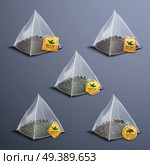 Tea pyramidal bags realistic set with black green white red herbal variety of tea isolated vector illustration. Tea Pyramidal Bags Realistic Set. Стоковая иллюстрация, агентство Ingram Publishing / Фотобанк Лори