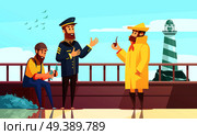 Nautical cartoon background with three sailors on fishing ship deck vector illustration. Nautical Cartoon Background. Стоковая иллюстрация, агентство Ingram Publishing / Фотобанк Лори