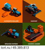 Agricultural machines isometric concept icons set with baler and sprayer isolated vector illustration. Agricultural Machines Isometric Concept Icons Set. Стоковая иллюстрация, агентство Ingram Publishing / Фотобанк Лори
