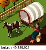 Gypsy customs isometric background with horse harnessed to wagon and romany woman sitting on stump vector illustration. Gypsy Customs Isometric Background. Стоковая иллюстрация, агентство Ingram Publishing / Фотобанк Лори