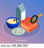 Probiotics isometric background composition with food and conceptual images of microbes with hand lens and text vector illustration. Probiotics Isometric Background Composition. Стоковая иллюстрация, агентство Ingram Publishing / Фотобанк Лори