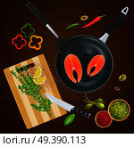 Realistic kitchen ware top view with salmon spices and vegetables on wooden texture background vector illustration. Kitchen Ware Top View Illustration. Стоковая иллюстрация, агентство Ingram Publishing / Фотобанк Лори