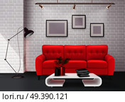 Contemporary simple clean living room interior design detail with stunning leather red sofa accent realistic vector illustration . Interior Realistic Image . Стоковая иллюстрация, агентство Ingram Publishing / Фотобанк Лори