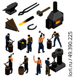 Isometric blacksmith set with isolated images of forging shop facilities and human character of iron forger vector illustration. Iron Forger Icon Set. Стоковая иллюстрация, агентство Ingram Publishing / Фотобанк Лори