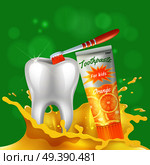 Kids dental care realistic composition with white shining healthy tooth brushed with orange flavored toothpaste vector illustration. Tooth Dental Care Realistic. Стоковая иллюстрация, агентство Ingram Publishing / Фотобанк Лори
