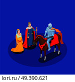 Medieval chivalry isometric composition king and queen knight in armor on horse on blue background vector illustration. Medieval Chivalry Isometric Composition. Стоковая иллюстрация, агентство Ingram Publishing / Фотобанк Лори