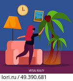 Virtual augmented reality experience orthogonal background with young lady in vr glasses dancing under palm vector illustration . Virtual Reality Orthogonal Background. Стоковая иллюстрация, агентство Ingram Publishing / Фотобанк Лори