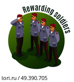 Military special forces isometric composition with rewarding soldiers in parade uniform on round green background vector illustration. Rewarding Soldiers Isometric Composition. Стоковая иллюстрация, агентство Ingram Publishing / Фотобанк Лори
