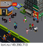 Family with pram and little daughter walking past cafe in city center pedestrian street isometric vector illustration. Family Outdoor Isometric Composition. Стоковая иллюстрация, агентство Ingram Publishing / Фотобанк Лори