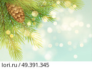 Realistic spruce branch with pinecone illustration. Fir-tree twig with bump on light background. Christmas decoration with round sparks. Postcard, banner design. Isolated vector illustration. Realistic spruce branch with pinecone illustration. Стоковая иллюстрация, агентство Ingram Publishing / Фотобанк Лори