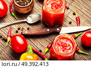 Georgian homemade sauce adjika with pepper, garlic and tomatoes.Barbeque sauce. Spicy seasoning, adjika sauce. Стоковое фото, агентство Ingram Publishing / Фотобанк Лори