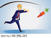 A vector illustration of a businessman trying to reach a carrot dangled on a stick in front of him. Стоковая иллюстрация, агентство Ingram Publishing / Фотобанк Лори