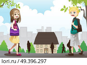 A vector illustration of kids going to school. Стоковая иллюстрация, агентство Ingram Publishing / Фотобанк Лори