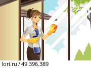 A vector illustration of a housewife cleaning windows at home. Стоковая иллюстрация, агентство Ingram Publishing / Фотобанк Лори