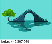 Lunar bridge with green tree in Taiwan isolated on blue. Oval circle resulting from reflection symbolizes moon and sky, which gave name to this type of engineering facilities vector illustration. Lunar Bridge with Green Tree in Taiwan Flat Icon. Стоковая иллюстрация, агентство Ingram Publishing / Фотобанк Лори