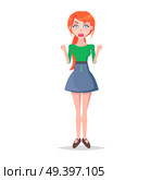 Angry screaming woman with wide open mouth isolated on white. Annoyed redhead girl avatar userpic in flat style design. Vector illustration of cranky human emotion in green blouse and blue skirt. Angry Screaming Woman with Wide Open Mouth Vector. Стоковая иллюстрация, агентство Ingram Publishing / Фотобанк Лори