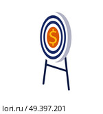 Target in center with formidable dollar in yellow circle stands on two blue stands. Goal is to enrichment in cartoon style flat design vector illustration. Target of golden coin on white background.. Target in Center with Dollar Stands on Pedestal. Стоковая иллюстрация, агентство Ingram Publishing / Фотобанк Лори
