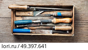 Set of wood chisel for carving wood.Collection of vintage tools. Retro carpenter tool. Стоковое фото, агентство Ingram Publishing / Фотобанк Лори