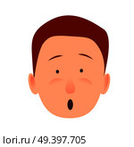 Bug-eyed man-child with open mouth flat design on white background. Surprised boy face close-up portrait. Vector illustration of character and face emotions in cartoon style hand drawn pattern.. Bug-eyed Man-child with Open Mouth Flat Design. Стоковая иллюстрация, агентство Ingram Publishing / Фотобанк Лори