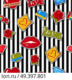 Seamless pattern with lips, roses, colorful hearts and diamonds patch. Textile fabric of objects with dashed line. Wrapping paper design for valentines day. Modern fashionable wallpaper. Vector. Seamless Pattern with Lips, Roses, Hearts, Diamond. Стоковая иллюстрация, агентство Ingram Publishing / Фотобанк Лори