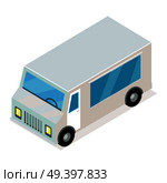 Vintage minibus isometric projection icon. Angular grey van isometric projection vector isolated on white background. Commercial transport vehicle 3d model for applications or game environment design. Стоковая иллюстрация, агентство Ingram Publishing / Фотобанк Лори