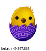 Fluffy spring yellow newborn chick hatched from shell with ornamental decor isolated on white. Mascots of Easter celebration, chicken as symbols of new life vector illustration. Friendly feast animals. Newborn Chicken Hatch from Shell Vector Decoration. Стоковая иллюстрация, агентство Ingram Publishing / Фотобанк Лори