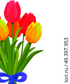 Bouquet of colorful tulips. Romantic gift from yellow, orange, red and pink tulips bounded with blue ribbon flat vector on white. Spring flowers concept with scented posy fragment and copyspace. Bouquet of Colorful Tulips Bound with Blue Ribbon. Стоковая иллюстрация, агентство Ingram Publishing / Фотобанк Лори