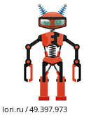 Red robot with pincer hands and two horns art icon on white background. Metal head, black and red body, powerful legs fastened by black spring. Protective screen in front of eyes vector illustration.. Red Robot with Pincer Hands and Two Horns Art Icon. Стоковая иллюстрация, агентство Ingram Publishing / Фотобанк Лори