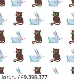 Seamless pattern of cute eared rabbit and grey cat vector flat cartoon sticker or icon outlined with dotted line isolated on white. Domestic animal illustration for game counters, price tags. Cute Rabbits and Cat Flat Vector Seamless Pattern. Стоковая иллюстрация, агентство Ingram Publishing / Фотобанк Лори