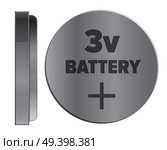 Compact round silver 3v battery isolated on white background. Qualitative energy container for small electronic devices. Mini galvanic appliance to support power content vector illustration.. Round Silver 3v Battery Isolated Illustration. Стоковая иллюстрация, агентство Ingram Publishing / Фотобанк Лори