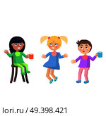 Playful toddlers in baby bibs icons. Cute little boys and girls with cups seating on chair, standing and jumping isolated flat vector. Children drinking milk illustration for kids nutrition concepts. Стоковая иллюстрация, агентство Ingram Publishing / Фотобанк Лори