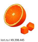 Half of orange and two orange cubes on white background. Fresh fruit that contains vitamin C. Healthy organic nutrition. Cartoon vegetarian food icon. Juicy tropical fruit vector illustration.. Half of Orange with Two Cubes Isolated Illustration. Стоковая иллюстрация, агентство Ingram Publishing / Фотобанк Лори