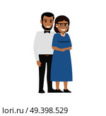 Married middle aged european couple. Average family isolated on white. Two romantic people in middle adulthood. Man in white shirt and trousers and woman wearing long blue dress and glasses. Married Middle Aged Couple. Average Family Vector. Стоковая иллюстрация, агентство Ingram Publishing / Фотобанк Лори