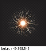 Charged with energy elementary particle or red ball lightning vector illustration for science or magic concept against transparent background.. Blinding Ball With Lightnings Realistic Effect. Стоковое фото, агентство Ingram Publishing / Фотобанк Лори