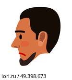 Sad brown-haired man face icon. Male character head in profile with compressed lips flat vector isolated on white background. Human negative emotions illustration for people infographics. Стоковая иллюстрация, агентство Ingram Publishing / Фотобанк Лори