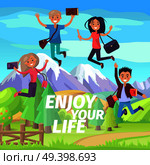 Enjoy your life weekend or holiday for jumping students. Tops of snow-capped mountains and green forest on background. Two boys and two girls with bags and educational materials vector illustration. Enjoy Your Life Weekend or Holiday Jumping People. Стоковая иллюстрация, агентство Ingram Publishing / Фотобанк Лори