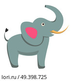 Cute funny african elephant with tusks and raised trunk vector flat cartoon sticker isolated on white. Wild animal illustration for game counters, price tags. Cute Elephant Cartoon Flat Vector Sticker or Icon. Стоковая иллюстрация, агентство Ingram Publishing / Фотобанк Лори