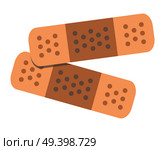 Two adhesive bandages color of skin tone flat vector illustration isolated on white background. Breathable fabric sticky plasters for cuts and shallow injuries. First aid kit item. Стоковая иллюстрация, агентство Ingram Publishing / Фотобанк Лори