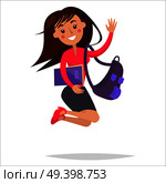 Jumping girl in strict clothing with big purple backpack and notebook smiles and wags isolated on white background. Diligent student vector illustration. Reaction for successful exams passing.. Jumping Girl Student with Backpack and Notebook. Стоковая иллюстрация, агентство Ingram Publishing / Фотобанк Лори