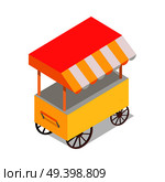 Bright yellow street food trolley with tent isolated on white background. Fast way to have snack right on street. Streetfood trolley with icecream, cotton candies, sandwiches or hamburgers. Streetfood Trolley with Tent Isolated illustration. Стоковая иллюстрация, агентство Ingram Publishing / Фотобанк Лори