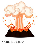 Erupting liquid drains splashing out burning volcano on white background. Strong flow of effluent red-hot lava, white clouds over top of brown stone. Vector illustration of geological making.. Erupting Liquid Drop Splashing out Burning Volcano. Стоковая иллюстрация, агентство Ingram Publishing / Фотобанк Лори