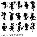 Silhouettes of happy excited jumping students on white background. Group of young people with backpack on shoulders, book in hand, ladies bag and tube for drawings vector illustration front view.. Silhouettes of Happy Excited Jumping Students. Стоковая иллюстрация, агентство Ingram Publishing / Фотобанк Лори