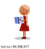 Blond girl in red dress holds open textbook vector illustration isolated. World Day of Book poster to promote reading, publishing and copyright. Blond Girl in Red Dress Holds Open Book Vector. Стоковая иллюстрация, агентство Ingram Publishing / Фотобанк Лори