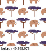 Elephant in beige color and baobab tree seamless pattern isolated on white. Side view of big animal living in hot countries vector illustration in flat design. Elephant in Beige and Baobab Tree Seamless Pattern. Стоковая иллюстрация, агентство Ingram Publishing / Фотобанк Лори